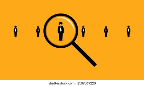 Using a magnifying glass searching for the right employee among many others job seeker. Vector artwork depicts the concept of employment, hiring, headhunter, recruits,  and human resources.