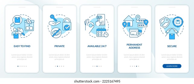 Using mailboxes benefits blue onboarding mobile app screen. Walkthrough 5 steps editable graphic instructions with linear concepts. UI, UX, GUI template. Myriad Pro-Bold, Regular fonts used