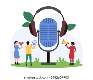 Using microphone and headphones to record and playback audio in mobile app. Tiny people recording music and radio show, voice sound with studio mic and headset, smartphone cartoon vector illustration