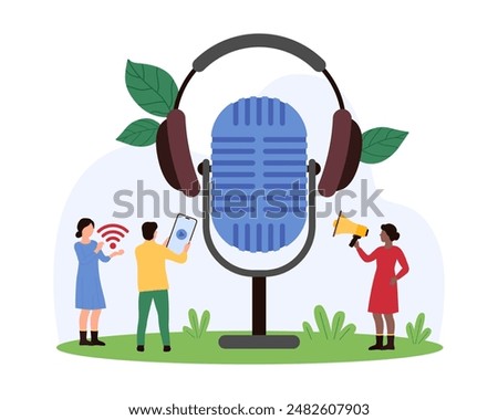 Using microphone and headphones to record and playback audio in mobile app. Tiny people recording music and radio show, voice sound with studio mic and headset, smartphone cartoon vector illustration