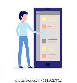 Using mobile application concept with young male character standing near big smartphone with touchscreen choosing item from list isolated on white background. Fat vector illustration.