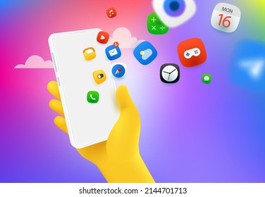 Using mobile applications via modern smartphone. Vector concept 