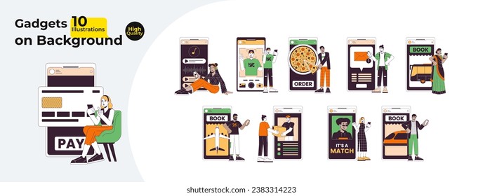 Using mobile apps 2D linear illustration concept bundle. Diverse people on mobile devices cartoon characters isolated on white. Everyday life metaphor abstract flat vector outline graphic collection