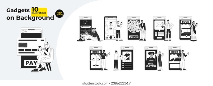 Uso de aplicaciones móviles paquete de conceptos de ilustración 2D en blanco y negro. Diversas personas dispositivos móviles dibujan personajes aislados en blanco. Colección de arte vectorial monocromo de metáfora de la vida cotidiana