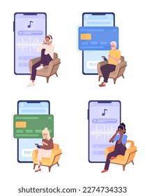 Using mobile apps in daily life flat concept vector spot illustration set. Editable 2D cartoon characters on white for web design. Music and banking creative ideas set for website, mobile, magazine