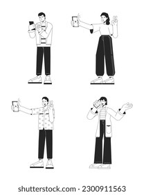 Using mobile device bw vector spot illustration set. Millennials taking selfie, call 2D cartoon flat line monochromatic characters on white for web UI design. Editable isolated outline hero image pack