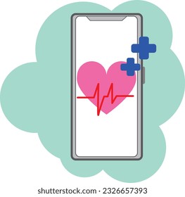 Usando un teléfono móvil para obtener datos de frecuencia cardíaca, ideas de negocios médicos, ilustración de diseño plano vectorial, diseño plano.