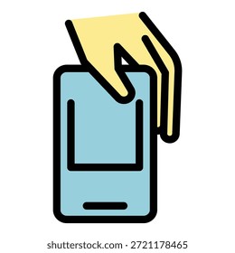 Usando el Vector del contorno del icono del teléfono móvil. Tacto de la mano. Color plano del dispositivo inteligente