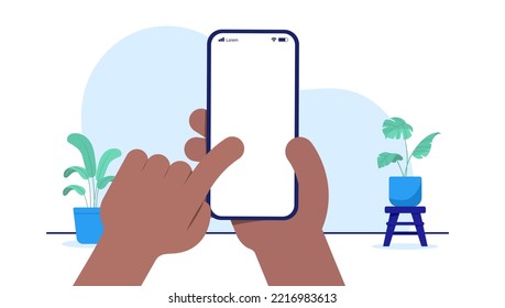 Using mobile phone touch screen - Hands with dark skin interacting on smartphone with blank white screen. Vector mockup with white background