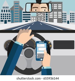 Using mobile phone while driving vector illustration.