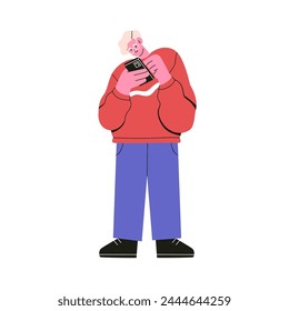 Usando el teléfono móvil. Personaje joven de pie, mirando el teléfono inteligente, mensaje de texto, desplazamiento en línea, navegar por Internet, redes sociales. Ilustración vectorial plana aislada sobre fondo blanco