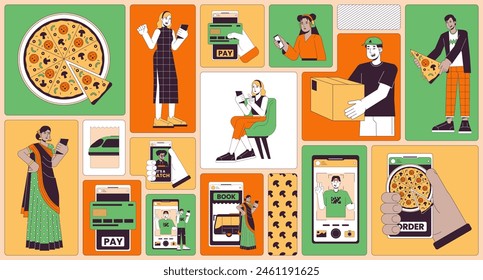 Using mobile phones lifestyle bento grid illustration set. Pizza order, selfie taking, courier 2D vector image collage design graphics collection. Multinational flat characters moodboard layout