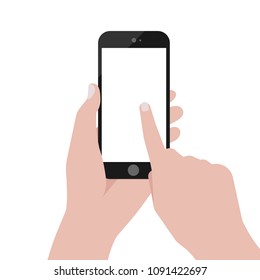Using mobile smart phone. Hand holding smartphone, touching blank white screen. Eps 10 vector illustration