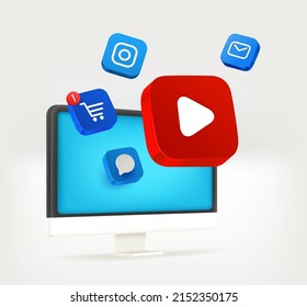 Using modern computer for media content. 3d vector illustration