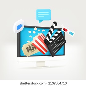 Using modern computer for watching videos. Concept with clap, ticket, chat bubble and camera icon. 3d vector illustration