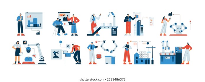 Using modern machines to run production of goods, industry vector illustration.