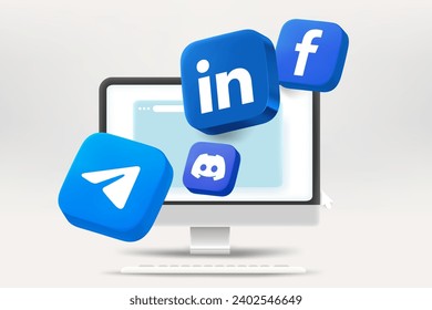 Using modern media platforms Telegram, Facebook, Discord and Linkedin. Popular media platform application icons on modern monitor. Vector 3d editorial illustration. TURKEY, FETHIYE, December 19, 2023 