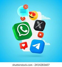 Using modern media platforms Whatsapp, X, Telegram via modern mobile phone. Vector 3d editorial illustration. TURKEY, FETHIYE, December 20, 2023 