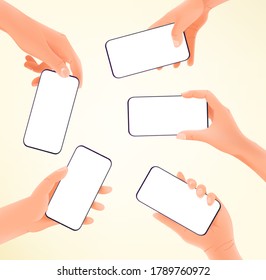 Using modern smartphone vector concept. Hands holding modern smartphones