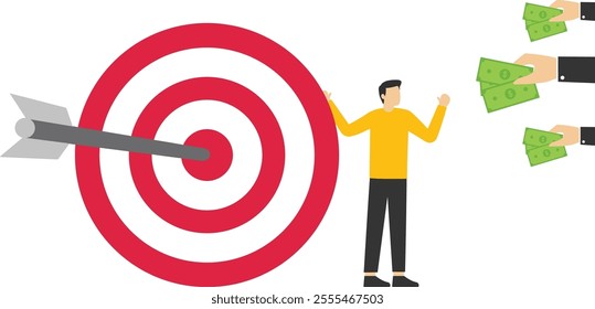 Using money to buy interesting goals, business strategy plan and goal achievement, leader hitting of target, Vector illustration design concept in postcard template

