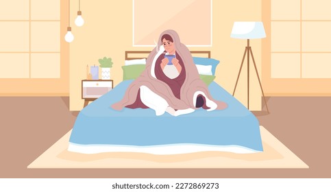 Using more blankets for getting warm in cold weather flat color vector illustration. Save energy. Hero image. Fully editable 2D simple cartoon characters with cozy bedroom interior on background