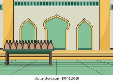 Using The Mosque Courtyard As a Place To Distribute Sadaqah. Vector Illustration. Children Book.