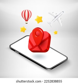 Using navigation application on modern mobile phone. 3d vector illustration