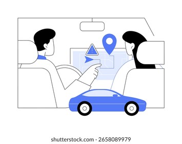 Using navigation isolated cartoon vector illustrations. Young couple driving car and using gps navigator, adventure time together, road trip, people lifestyle, destination place vector cartoon.