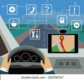 Using navigator with modern maps and applications in the car. Modern  vector illustration, flat-concept