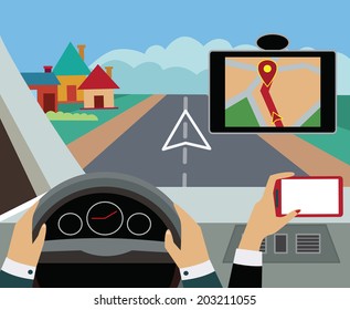 Using navigator with modern maps and applications in the car. Modern  vector illustration, flat-concept