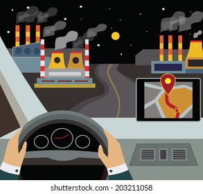 Using navigator with modern maps and applications in the car. Modern  vector illustration, flat-concept