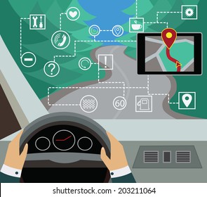 Using navigator with modern maps and applications in the car. Modern  vector illustration, flat-concept