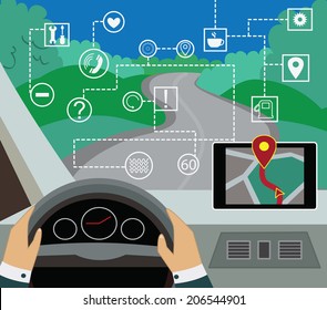 Using navigator with modern maps and applications in the car. Modern vector illustration, flat-concept