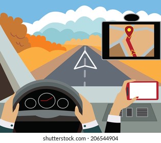 Using navigator with modern maps and applications in the car. Modern vector illustration, flat-concept