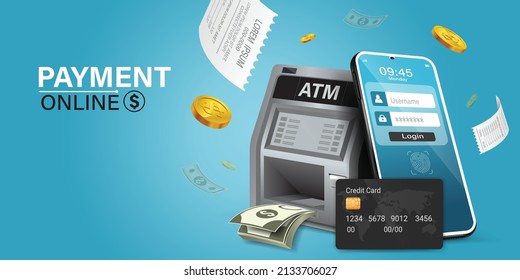 Using online money instead of cash. Fast and convenient mobile online transactions. Pay bills via mobile phone without using an ATM. Convenient and fast phone payment application. Vector illustration.