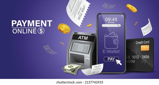 Using online money instead of cash. Fast and convenient mobile online transactions. Pay bills via mobile phone without using an ATM. Convenient and fast phone payment application. Vector illustration. - Shutterstock ID 2137742933