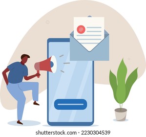 Using Online Postbox and Sending Advertising Mails.Manager with loudspeaker. vector illustration.