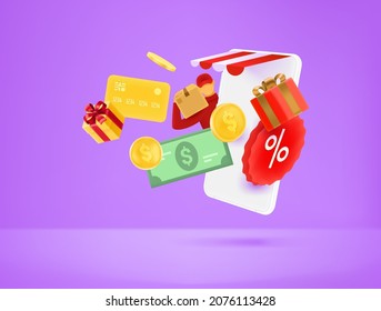 Using online shop via modern smartphone. Realistic vector illustration