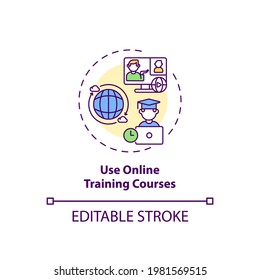 Using online training courses concept icon. Staff reboarding tip idea thin line illustration. Flexible schedule, environment. Online classes. Vector isolated outline RGB color drawing. Editable stroke