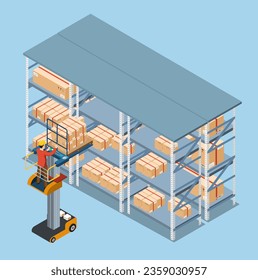 Using an order picker forklift, a warehouse employee driver loads cardboard boxes onto the shelves. Vector illustration eps10