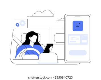 Using parking app isolated cartoon vector illustrations. Girl sits in a car and holds smartphone, mobile parking app, morning rush, people lifestyle, daily chores and routine vector cartoon.