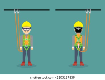 Using personal protective equipment to protect against a fall. Flat vector illustration of fall prevention measure.