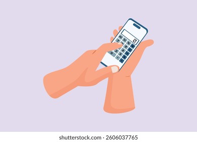 Using a phone calculator. Calculator Concept. Colored flat vector illustration isolated.