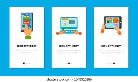 Uso del conjunto de iconos planos de teléfono o portátil. Digital, pantalla, tocando el paquete de signos vectoriales aislados. Concepto de dispositivo móvil y tecnología. Elementos de símbolo de ilustración vectorial para diseño web y aplicaciones