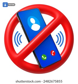 Está prohibido usar el teléfono. No hay icono de teléfono celular. Señal de prohibición con círculo cruzado rojo y teléfono móvil. Ilustración vectorial