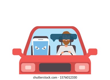 Using a phone while driving a car, depicting a car in which a mobile phone interferes with the road, vector flat illustration