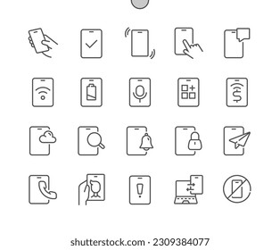 Using phones. Hand hold smartphone. Mobile application. Pixel Perfect Vector Thin Line Icons. Simple Minimal Pictogram