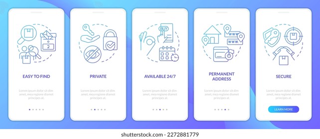 Using po boxes pros blue gradient onboarding mobile app screen. Walkthrough 5 steps graphic instructions with linear blue gradient concepts. UI, UX, GUI template. Myriad Pro-Bold, Regular fonts used