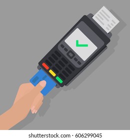 Using Pos terminal concept. Hand pushing credit card in to bank card reader. Credit card payment. Vector illustration in flat style. Transaction approval process.