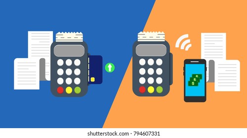 Using Pos terminal concept.Credit card payment.Payment transaction with smartphone.